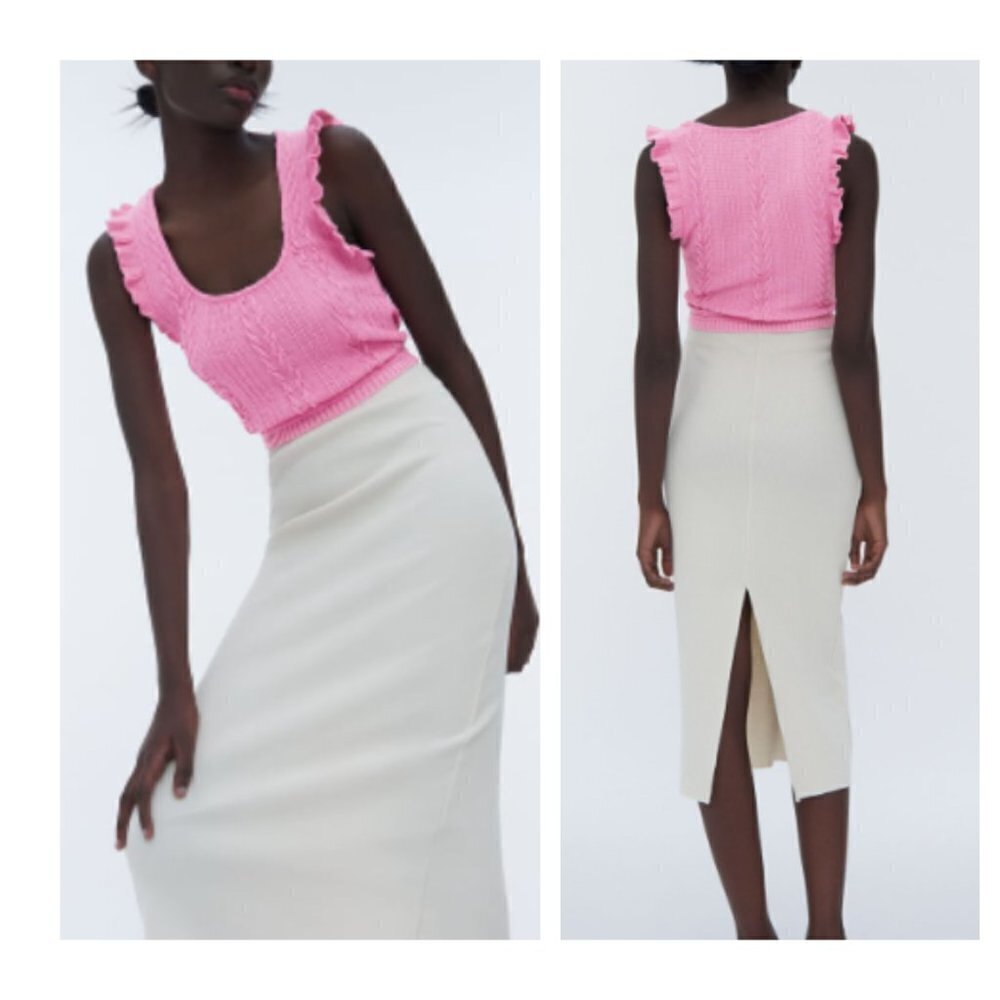 NWT Zara Sleeveless Ruffle Top Blouse Cable-Knit Pink Scoop Neck Stretch L - Picture 3 of 13